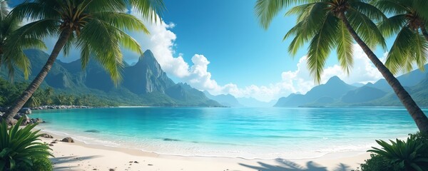 Tropical beach paradise. Clear turquoise water meets white sand shore. Rich green palm trees frame view of distant, majestic mountains under bright blue sky. Gentle waves lap coastline, creating