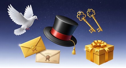 Magical elements featuring a dove, hat, keys, gift, and envelopes on a starry background