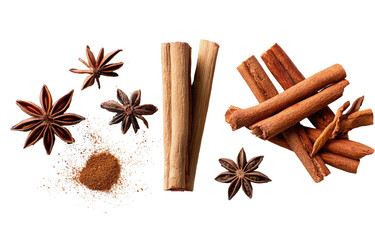 Cinnamon sticks and star anise spice blend.  Overhead view of cinnamon sticks, star anise, and ground cinnamon