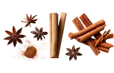 Cinnamon sticks and star anise spice blend.  Overhead view of cinnamon sticks, star anise, and ground cinnamon