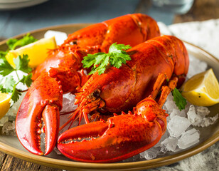 Two Cooked Red Lobsters on Ice with Lemon and Parsley Garnish on Plate