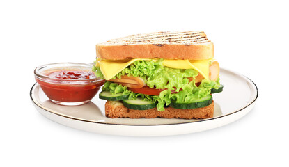 Tasty sandwich with ham, cheese, vegetables and sauce isolated on white