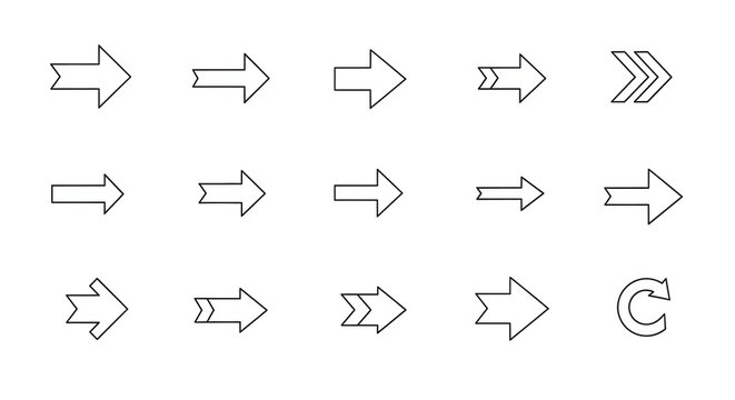 A versatile set of line art arrow icons pointing right, perfect for user interface design, web navigation, and application development.