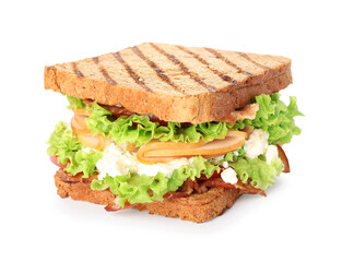 Tasty sandwich with ham, bacon, cheese and vegetables isolated on white