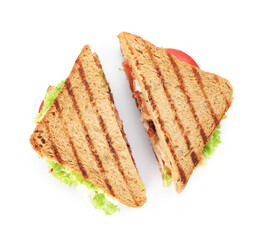 Tasty sandwiches with bacon and vegetables isolated on white, top view