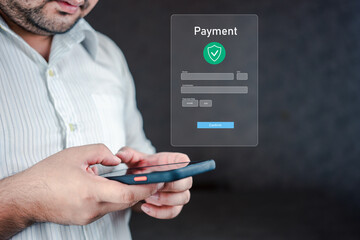 Man using smartphone with icons on virtual screen, online shopping and payment via mobile banking apps financial technology