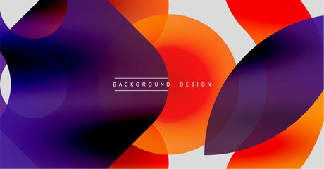 Fototapeta premium Abstract fluid shapes overlap, creating vibrant color gradients. Purple blends into orange, contrasting with white space. Modern design element.