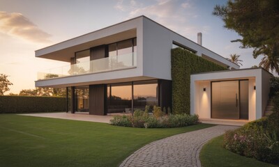 Modern boxy house with grass roof section & manicured lawn under a sunset sky