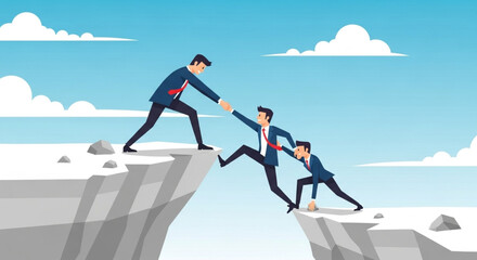 Obraz premium Businessman pulling another colleague up a mountain cliff, symbol of teamwork.