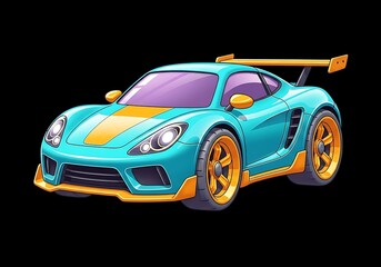 A teal sports car with a yellow stripe is parked on a black background