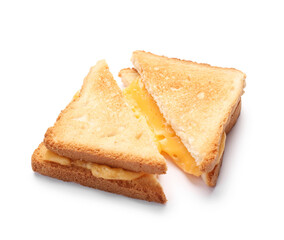 Tasty sandwiches with melted cheese isolated on white