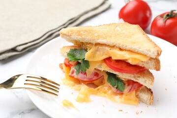 Tasty sandwiches with melted cheese, tomatoes and parsley on white marble table, closeup