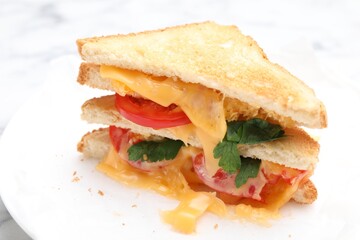 Tasty sandwiches with melted cheese, tomatoes and parsley on table, closeup