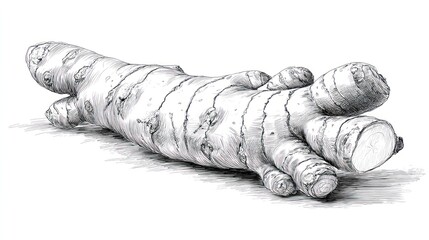 Detailed monochrome sketch of a ginger root with many offshoots