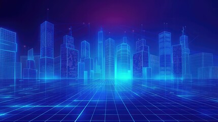 Neon Grid Cityscape: Cyber-Urban Metropolis with Glowing Wireframe Architecture & Violet Horizon Digital Background for Tech Concepts and Sci-Fi Visuals.