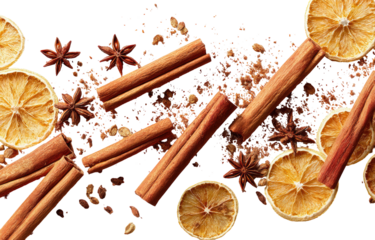 Cinnamon sticks, star anise, and dried orange slices scattered on a dark background, topped with ground spices