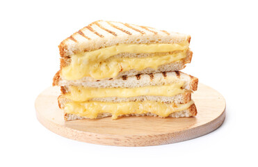 Tasty sandwiches with melted cheese isolated on white