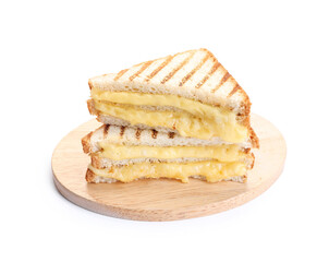 Tasty sandwiches with melted cheese isolated on white