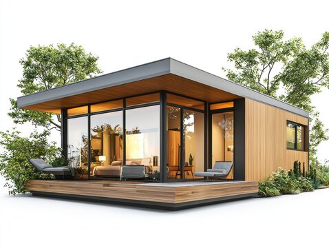 Modern cabin with glass walls, a wood deck, and lush green trees