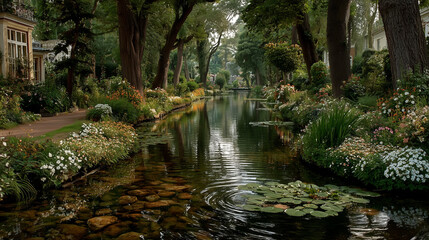 Naklejka premium Serene Canal Scene with Rippling Water and Lush Greenery