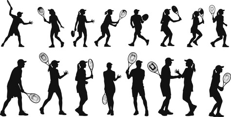 Vector silhouettes of tennis players, men and women, holding rackets, playing tennis, in action poses, sports activity, tennis game scenes