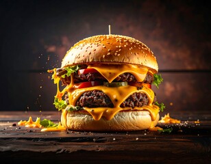 Huge cheeseburger with melted cheese