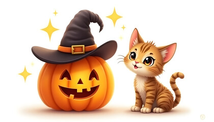 Whimsical Scene of a Carved Pumpkin Wearing a Hat with a Cute Kitten by its Side in a Magical Halloween Setting