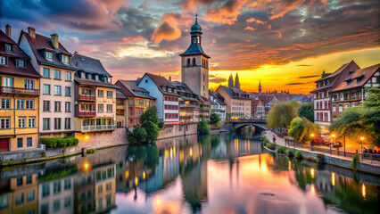 3840x2160 Tower Houses Buildings by River Architecture Illustration