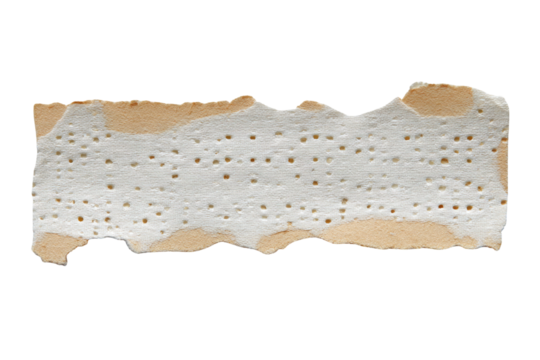 Torn piece of textured, light beige and white sheet material