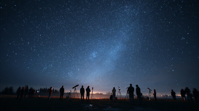 Group of amateur astronomers at the Dark Sky Festival gathered with telescopes and star charts. Taken at eye level with clear night sky full of constellations above. 