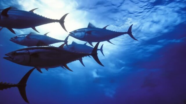 School of tuna swim under a bright sky