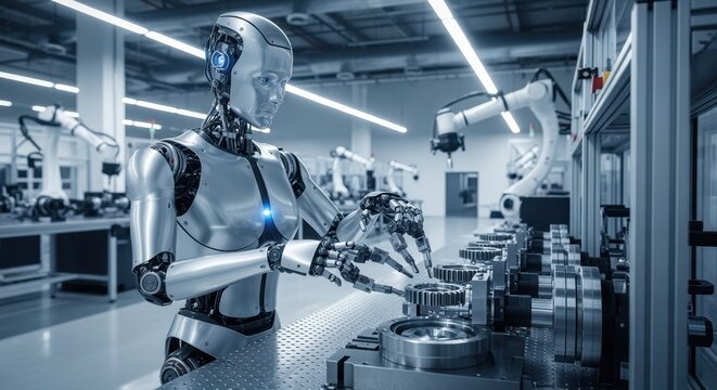 Robotic humanoid technician calibrating harmonicdrive gear fixtures for consistent lapping results in stateoftheart precision manufacturing hall.