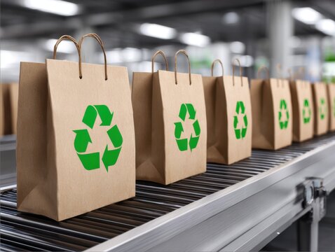 A line of brown paper shopping bags with green recycling symbols on a conveyor belt in a factory setting. - Powered by Adobe