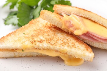 Delicious sandwiches with melted cheese and ham on white table, closeup