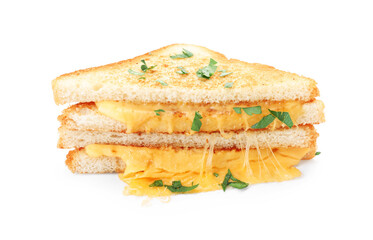Delicious sandwiches with melted cheese and parsley isolated on white