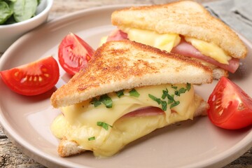 Delicious sandwiches with melted cheese, ham and tomatoes on table, closeup