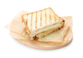Tasty sandwich with melted cheese isolated on white