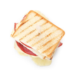 Delicious sandwich with melted cheese and ham isolated on white, top view
