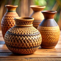 Decorative vases crafted from woven materials placed on a wooden table. 