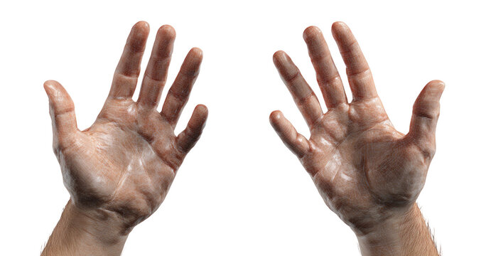 Two hands, open, palms facing outward, appearing wet or oily