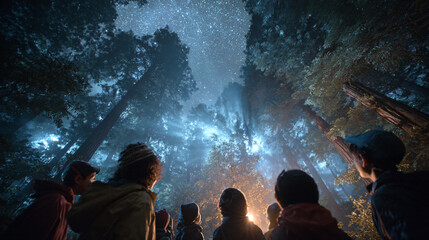 Children gathered around an astronomer who is showing them constellations with a glowing laser pointer. Giant sequoia trees rise around them, sky filled with bright stars.