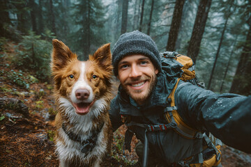 Happy Male hiker taking selfie through smart phone with dog at forest