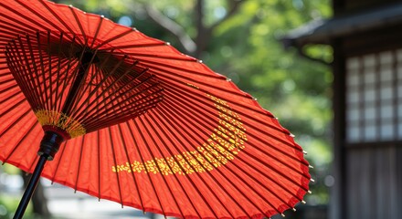 A Japanese red umbrella with yellow and blue accents