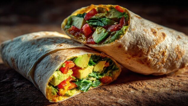 Two halves of a veggie wrap filled with avocado, spinach, bell peppers, and tomatoes