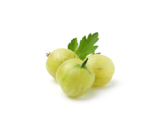 Fresh ripe green gooseberries with leaf isolated on white