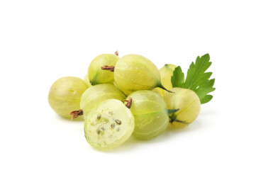 Fresh ripe green gooseberries with leaf isolated on white