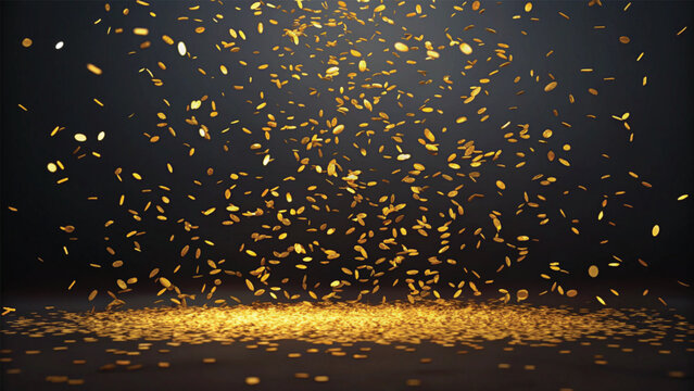 Falling Gold Coins Showering on a Dark Surface money