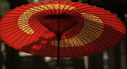 A Japanese red umbrella with yellow and blue accents