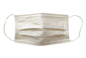 A top-down view of a single, folded, white disposable face mask.  The mask has pleats, elastic ear loops, and a simple design
