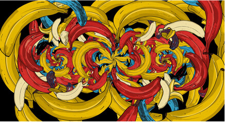 Vibrant abstract banana swirl pattern with bold colors and dynamic composition